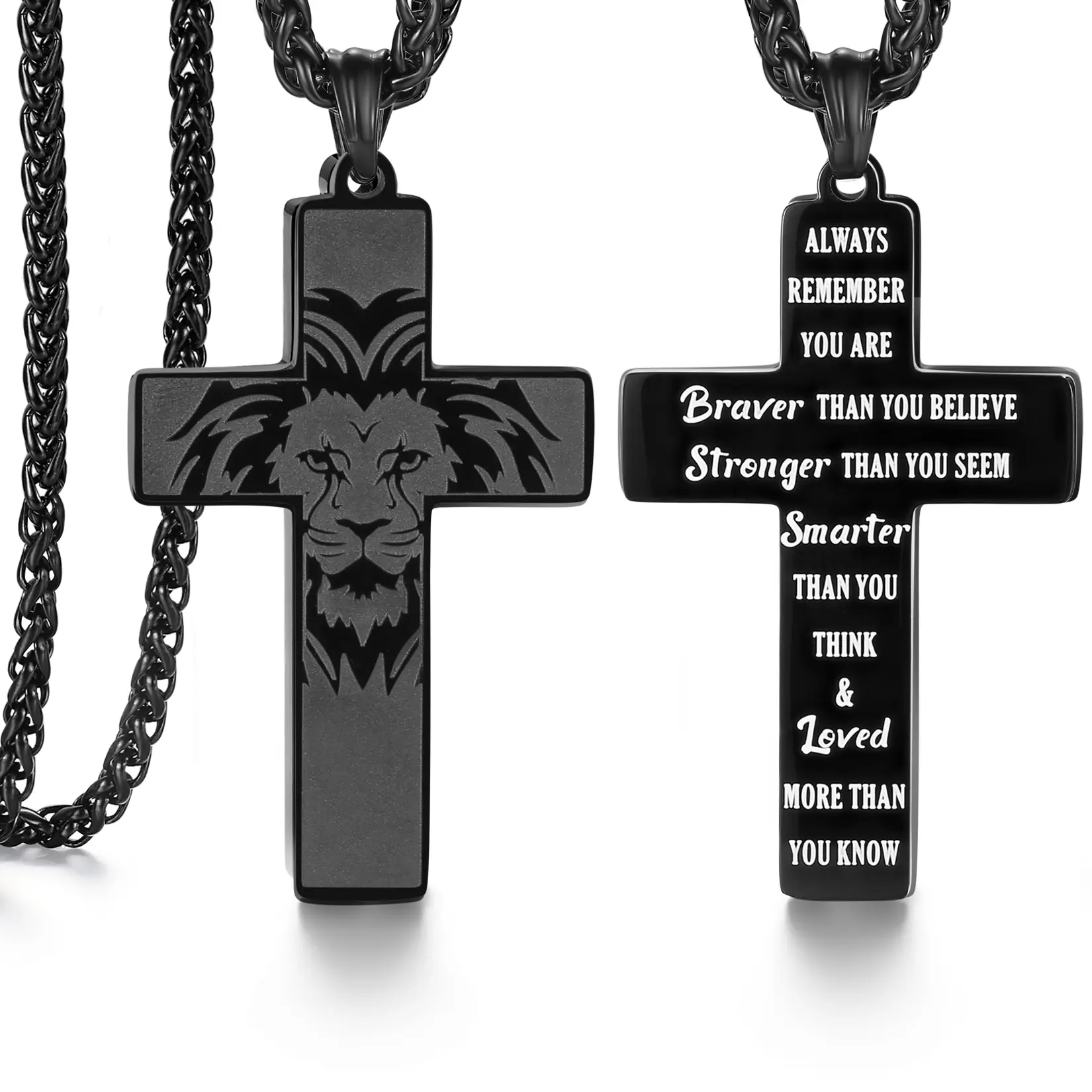 SAM & LORI Strength and Faith Cross Necklace for Men Inspirational Gifts for Him Stainless Steel Pendant Chain 1st First Communion Confirmation Gifts Birthday Pendant Christmas Stocking Stuffers Valentines Day Easter