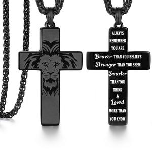 SAM & LORI Strength and Faith Cross Necklace for Men Inspirational Gifts for Him Stainless Steel Pendant Chain 1st First Communion Confirmation Gifts Birthday Pendant Christmas Stocking Stuffers Valentines Day Easter