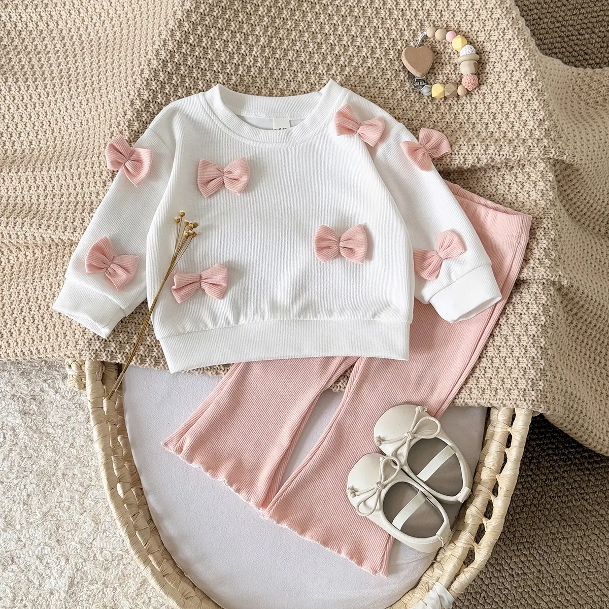 Baby Girl's 2-Piece Clothes Set, Newborn Bowknot Round Neck Sweatshirt & Pink Loose-Fit Flared Pants, Fall Spring Casual Outfit, Cozy, Long Sleeve, Baby Girls Clothing