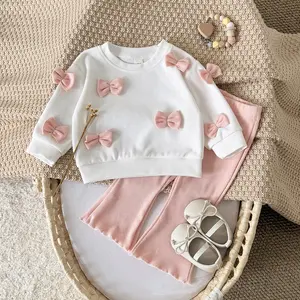 Spring Autumn New Baby Outfit Cute Bowknot Round Neck Sweatshirt + Pink Loose Comfortable Flared Pants Infant Toddler Set Cozy Newborn