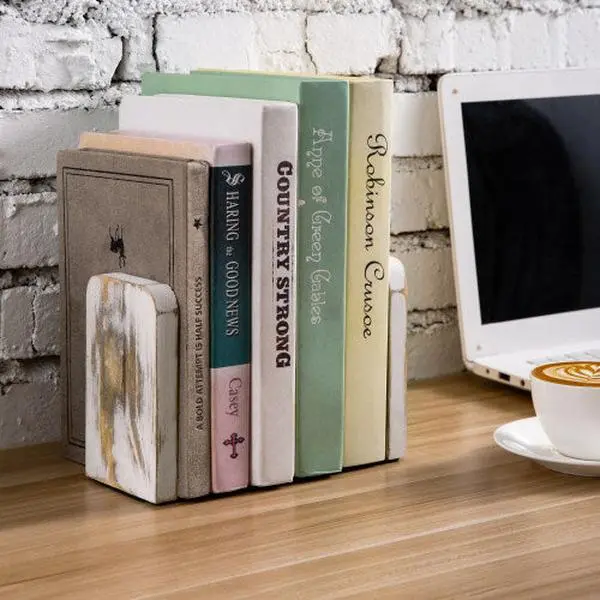 Square Whitewashed Wood Bookends, Set of 2