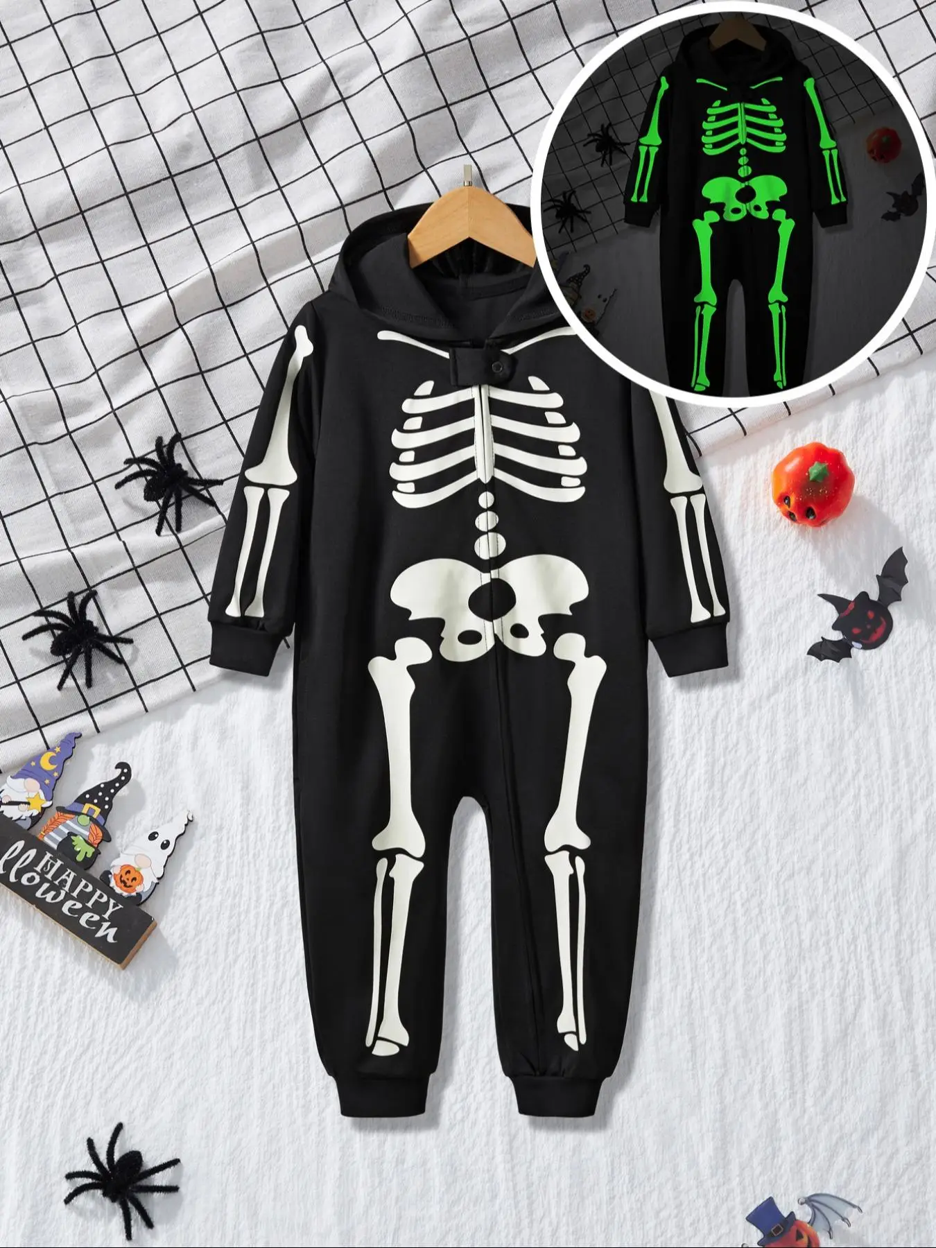 Kid's Luminous Skeleton Print Pretend Play Hooded Jumpsuit, Long Sleeve Zip Up Jumpsuit for Party, Boy's Halloween Costume, Kids Fall & Winter Clothe