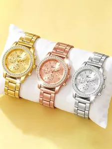 3 Pieces/Set Fashion Steel Band Watch Set, Exquisite Digital Dial Display, With Alloy Case, Rhinestone Design, Not Waterproof, Exquisite, Elegant, Fashionable Watch Set Combination, Perfect Choice For Gifting Family/Friends/Lovers, Jewelry Bracelet Watch