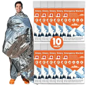 10 Pack Emergency Thermal Blanket Survival, Mylar Blankets for Outdoor, Space Blanket, Silver Foil Blanket, Survival Kit Camping Blanket, Body Warmer Blanket, First Aid, Hiking 84” x 52”