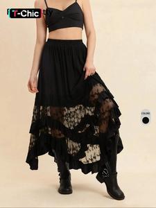 rusttydustty women's black lace patchwork ruffled midi skirt elegant vintage asymmetric hem boho easter beach outfits hawaii coachella music festival tropical vacation