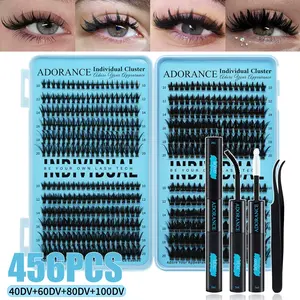ADORANCE 456PCS Lash Clusters 4 Style Wispy Lashes, DIY Lash Clusters, 40DV+60DV+80DV+100DV Beginner Friendly Eyelash Clusters Kit with Lash Bond, Seal & Tweezers, Natural Look Cluster Lashes for Everyday Makeup, Travel & Special Occasions