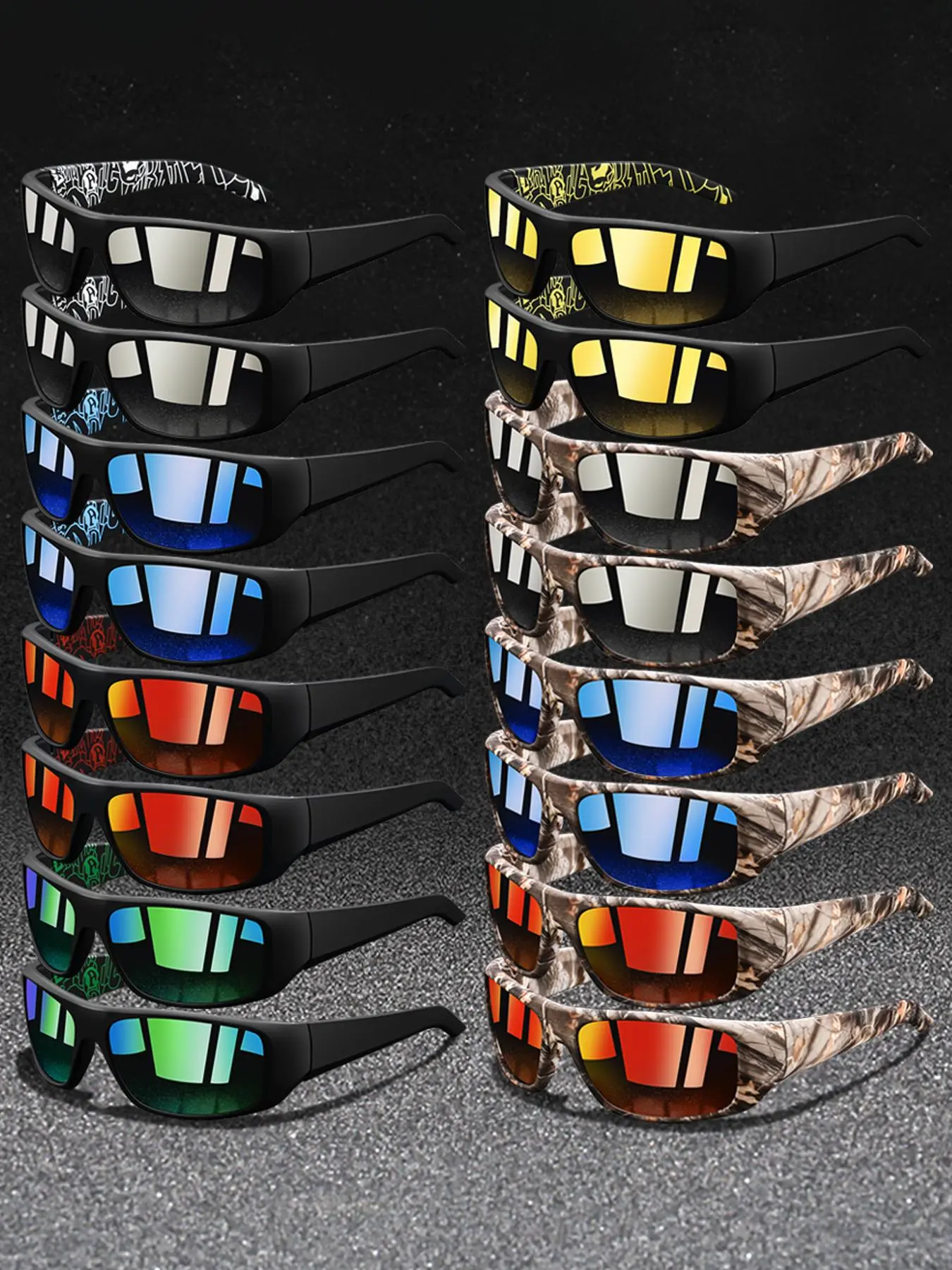 16 pairs of the latest model square sports glasses, Sporty Eyewear, suitable for both men and women,offering multiple color options,classic camouflage frame collocation rubber nose pad,stylish and comfortable design,ideal choice for outdoor activities