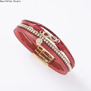 Hand-Woven Leather Bracelet with Figure-8 Magnetic Clasp and Rhinestone Accents — Women's Leather Jewelry