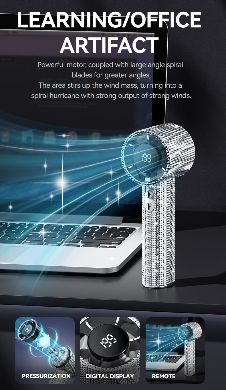 Diamond-Shimmering Luxury Fan-A Portable Handheld Turbo Fan 3 Gear Wind Rechargeable Long Battery Life Hand Fan With Digital Display For Outdoor Activities Travel Office Strong Boosting Output Long Distance Blowing