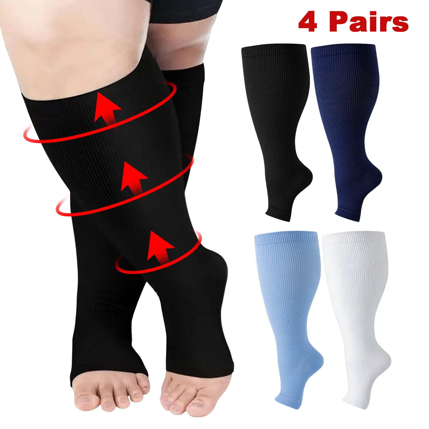 Compression Socks Women, 4 Pairs Plus Size (3XL) Knee-High Open Toe Socks for Wide Calf, 15-20mmHg Graduated Support for Edema & Varicose Veins