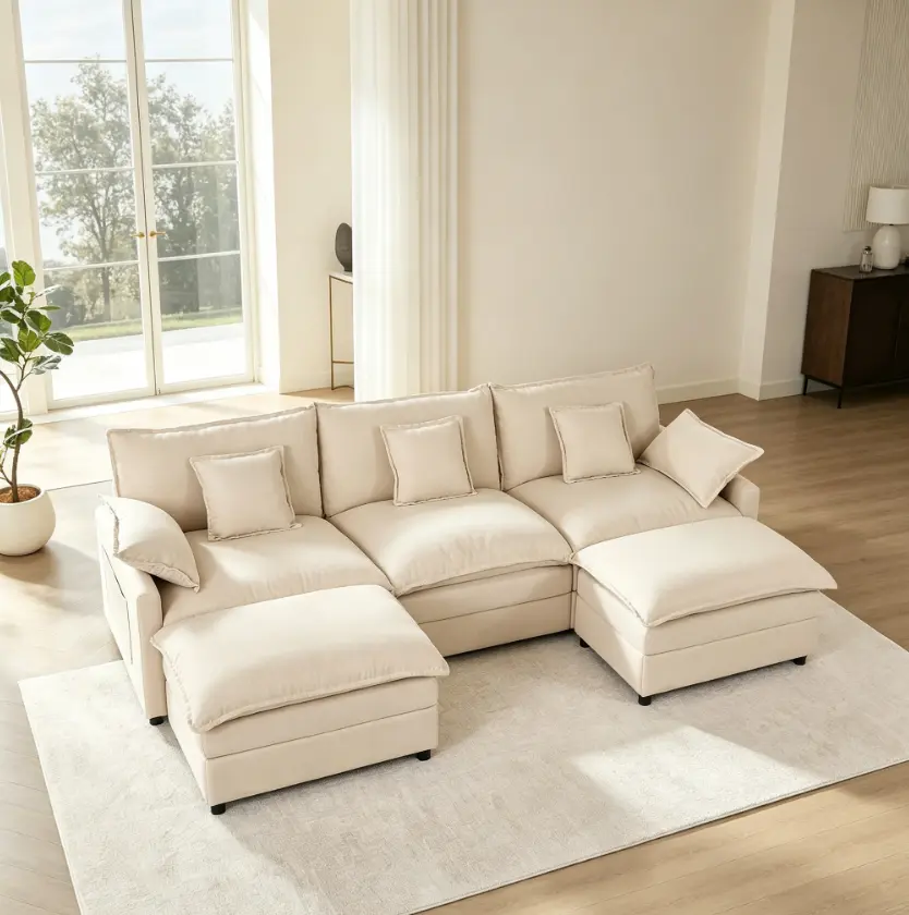 108" U-Shaped Modular Cloud Sofa, 3-Seater Sectional with 2 Movable Ottomans,Deep Seat,Chenille,Linen