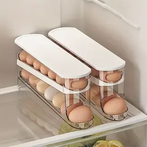 Transparent Dual-Layer Automatic Rolling Egg Storage Box, Space-Saving Refrigerator Organizer with Easy-Open Lid, Stackable Kitchen Essential for Fresh Eggs, Fridge Storage Organizer