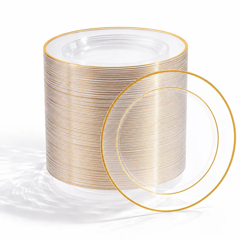 50/200pc 7in/10in Disposable Plates Gold/Silver Rim,FOCUSLINE Bulk Round Polystyrene Disposable Plates Set, Food Grade BPA-Free, For Parties Weddings Anniversaries, Cakes/Salads, Reusable Home Festive Supplies,Kitchen Tool,halloween gift chrismas