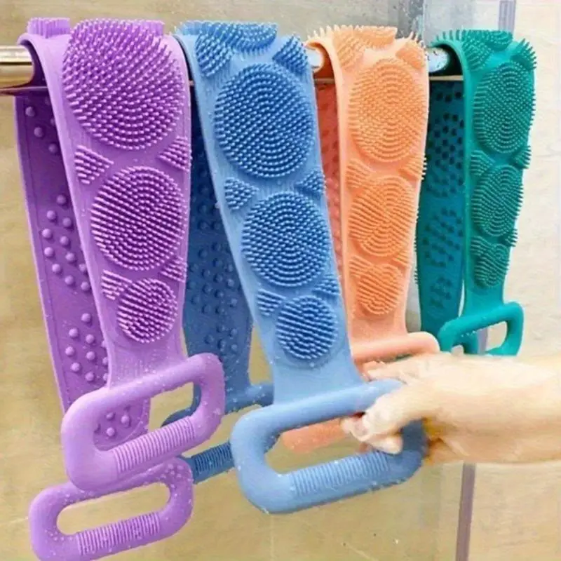 3pcs Green Purple Blue Mixed Set Body Sponge Silicone Brush Bath Towel Exfoliating Bath Tool Body Wash Scrubber Scrub Back Brush For Shower Massage Shower Extension Light Beige Cleansing Brush