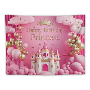 Fairy Tale Princess Birthday Tapestry with 3D Golden Happy Birthday Princess White Castle and Pink Balloons for Royal Party