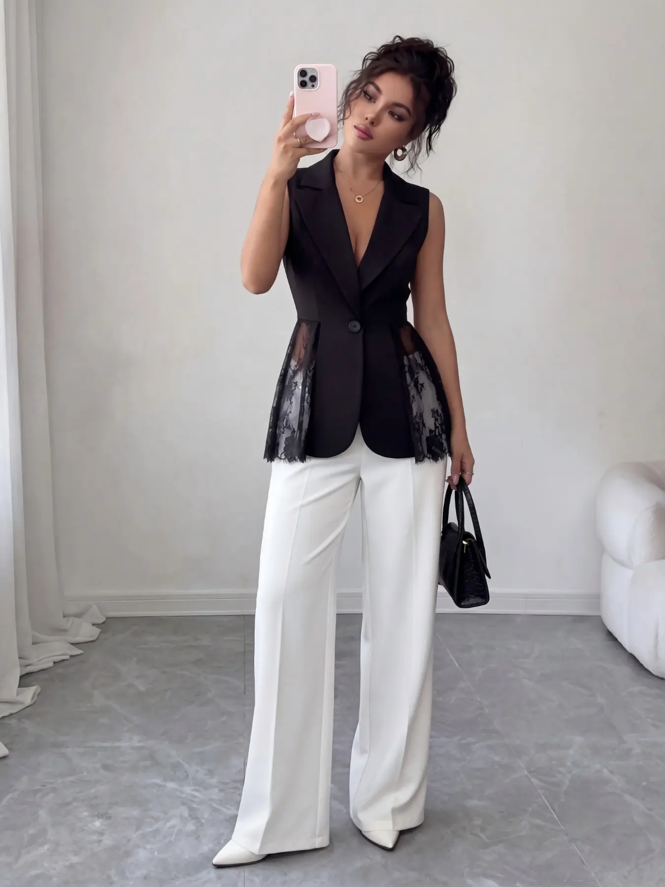 1PC Women's Lace Patchwork Blazer Vest, Single‑Button Waist Cutout Sleeveless Chic Elegant Waistcoat