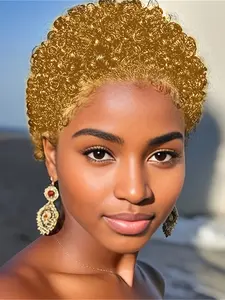Pixie Wig Daily Party Cosplay Gift Use, Burgundy 30 Color Short Afro Curly Human Hair Wig, Machine Made Pixie Cut Wigs for Women, Afro Kinky Wigs