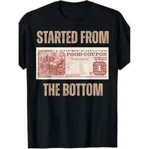 Men's Plus Size Classic Streetwear Short-Sleeve Garment - "Started from the Bottom" Vintage Letter Print, Soft Breathable Cotton Knit, Comfortable Casual Unisex Tee, Black All-Season Adults' Summer Top