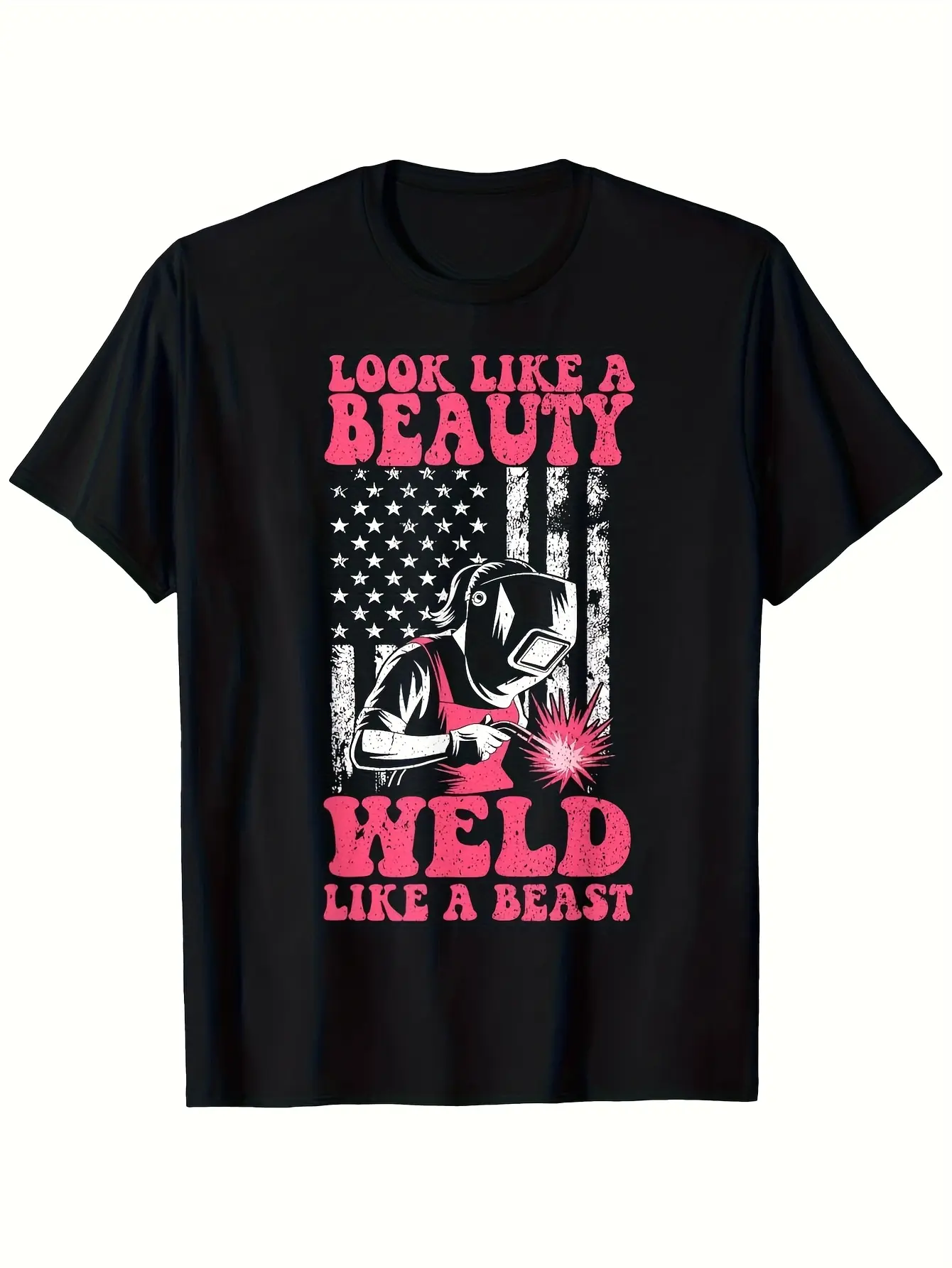 Graphic T-Shirt - Look Like A Beauty Weld Like A Beast - Heavyweight 180gsm Cotton Welder Shirt - Women & Men - Soft Crew Neck Tee - Gifts for Welders - S-XXXL Sizes Available - Black with Pink Design - Machine Washable Apparel, Christmas, Christmas Tshir