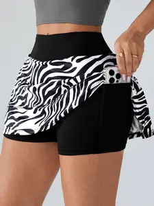 Women's Zebra Print A-Line Tennis Skirt Pants, Skort With Pockets, Thin Elastic Hidden Pocket, Casual Outdoor Sports Short Skirt, Spring Summer Fashion, Sporty Breathable Skorts, Tennis Skort Skirts