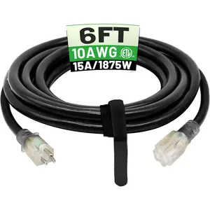6 Ft 10/3 Black Outdoor Extension Cord  Heavy Duty 10 Gauge 3 Prong, Flexible Cold-Resistant Power Cord Indoor & Outside with Lighted  End, 15Amp 1875W SJTW ETL Listed
