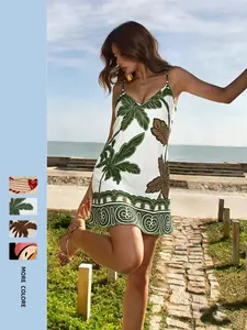 Summer Abstract Tropical Plant Print Halter Dress, V-Neck Flowy Beach Short Skirt, Casual Vacation Style, Slimming European Design, Womenswear