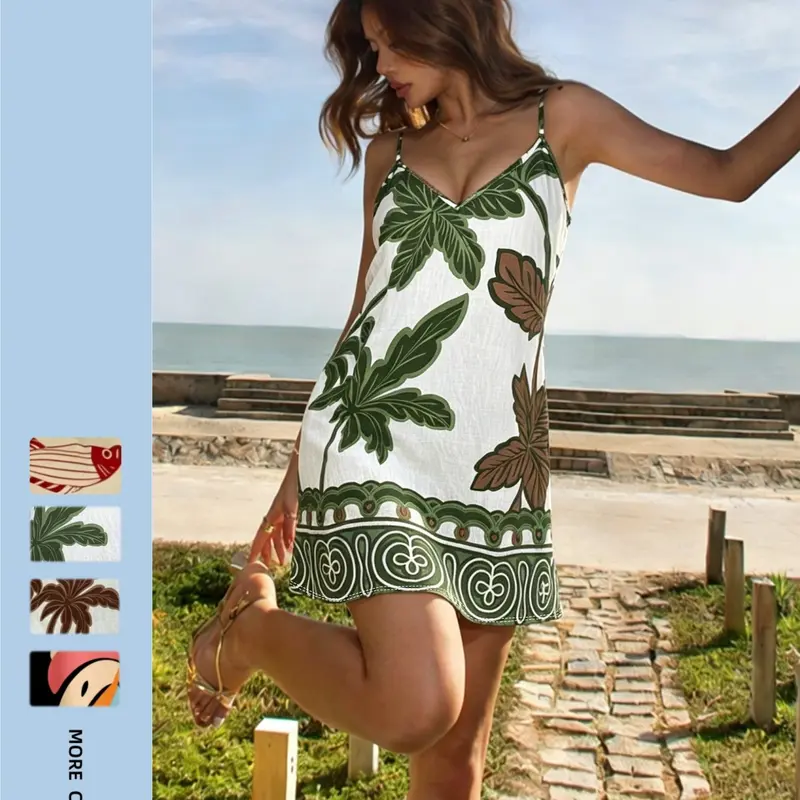Summer Abstract Tropical Plant Print Dress, V-Neck Flowy Short Beach Dress, Casual Boho Fashion Vacation Style, Slimming Fit European-Style Design, Womenswear