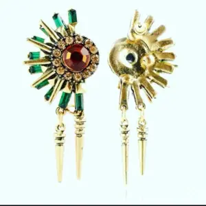 Eye Spike Earrings - Gold Design with Red and Green Accents and Spike Details