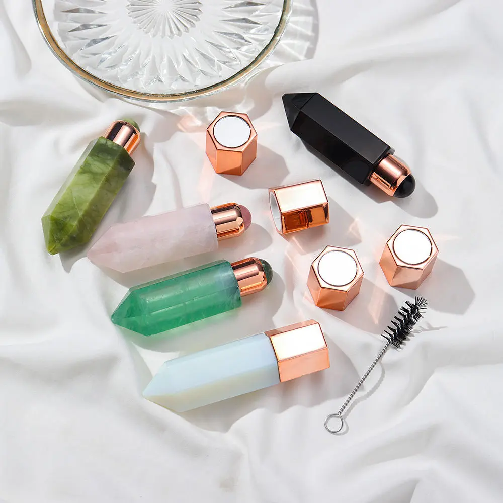 Crystal Essential Oil Roller Bottle Set With Mini Mirror Multi-Function Facial Massage Tool Gua Sha Acupoint Pressing Crystal Column Portable Skincare Container Travel Cosmetic Oil Storage Bottle For Face Body Beauty Self Care Gift
