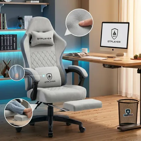 GTPLAYER High Back Ergonomic Computer Gaming Chair - Gamer Chair with Technical Cotton & Metal Build, Pocket Spring Cushion, Linkage-Adjustable Armrests, Rolling Base, Footrest, Summer-Friendly, Adjustable Back, Durable, Fire Safety Label, Easy Assembly