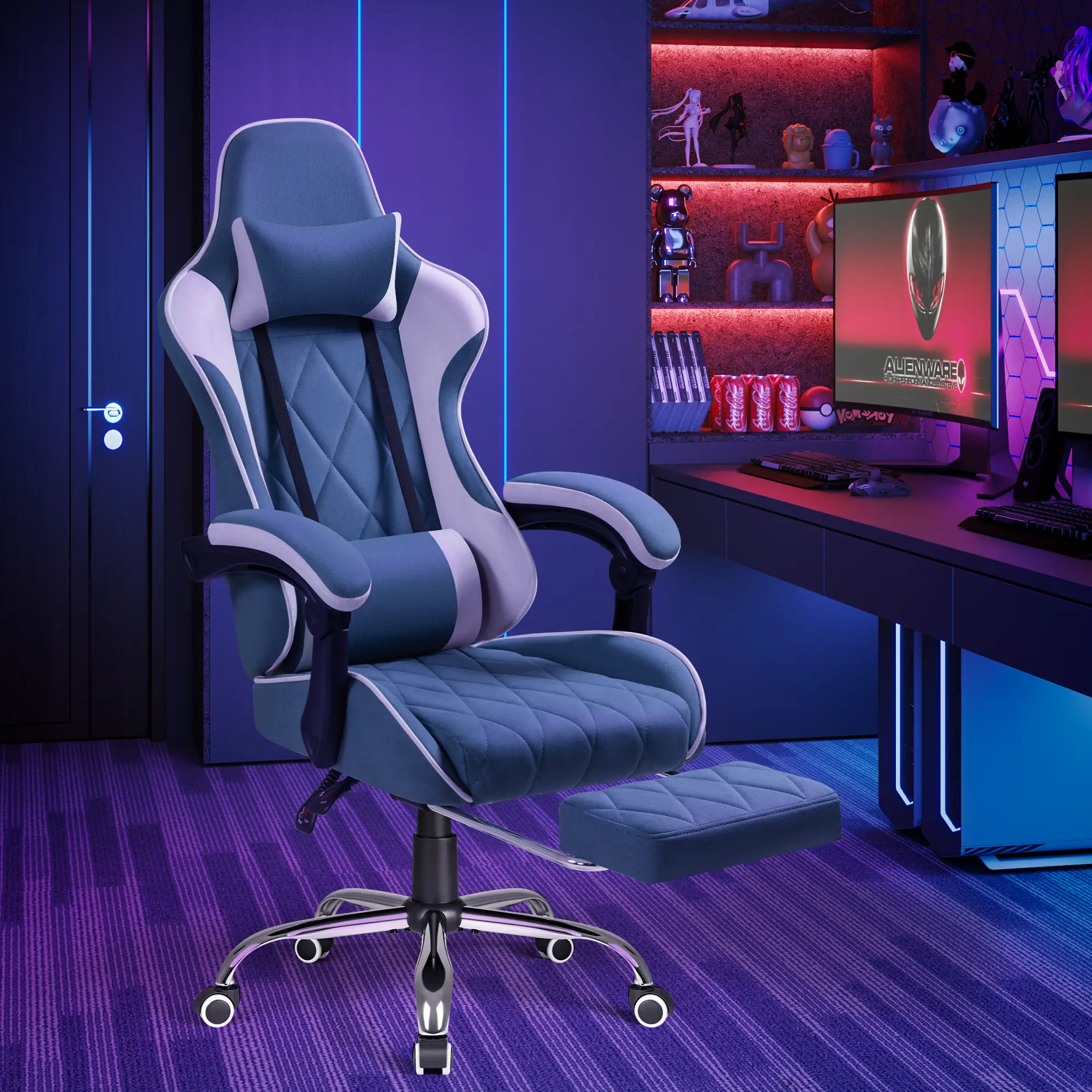 FURMAX Gaming Chair, Computer Chair with Footrest and Massage Lumbar Support, Breathable Fabric High Back Video Game Chair with Swivel Seat and Headre