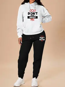 Women's Long Sleeve Hoodie Set, Christmas Cartoon Print Sweatshirt & Pants, Casual Fitted for Fall & Winter