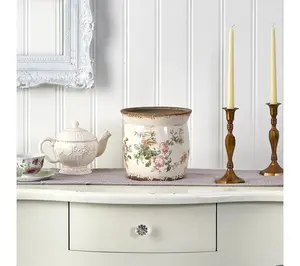 8" Tuscan Floral Ceramic Planter – Vintage Farmhouse Flower Pot for Indoor Decor, No Drainage Hole