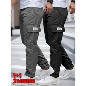 2-Pack Men's Cargo Trousers: Heavy-Duty Appearance with Lightweight Construction, Equipped with Multiple Cargo Pockets and Belt Loops, Breathable Two-Tone Design (Available in Navy, Grey and Black) – Ideal for Outdoor Activities and Casual Wear in Spring,