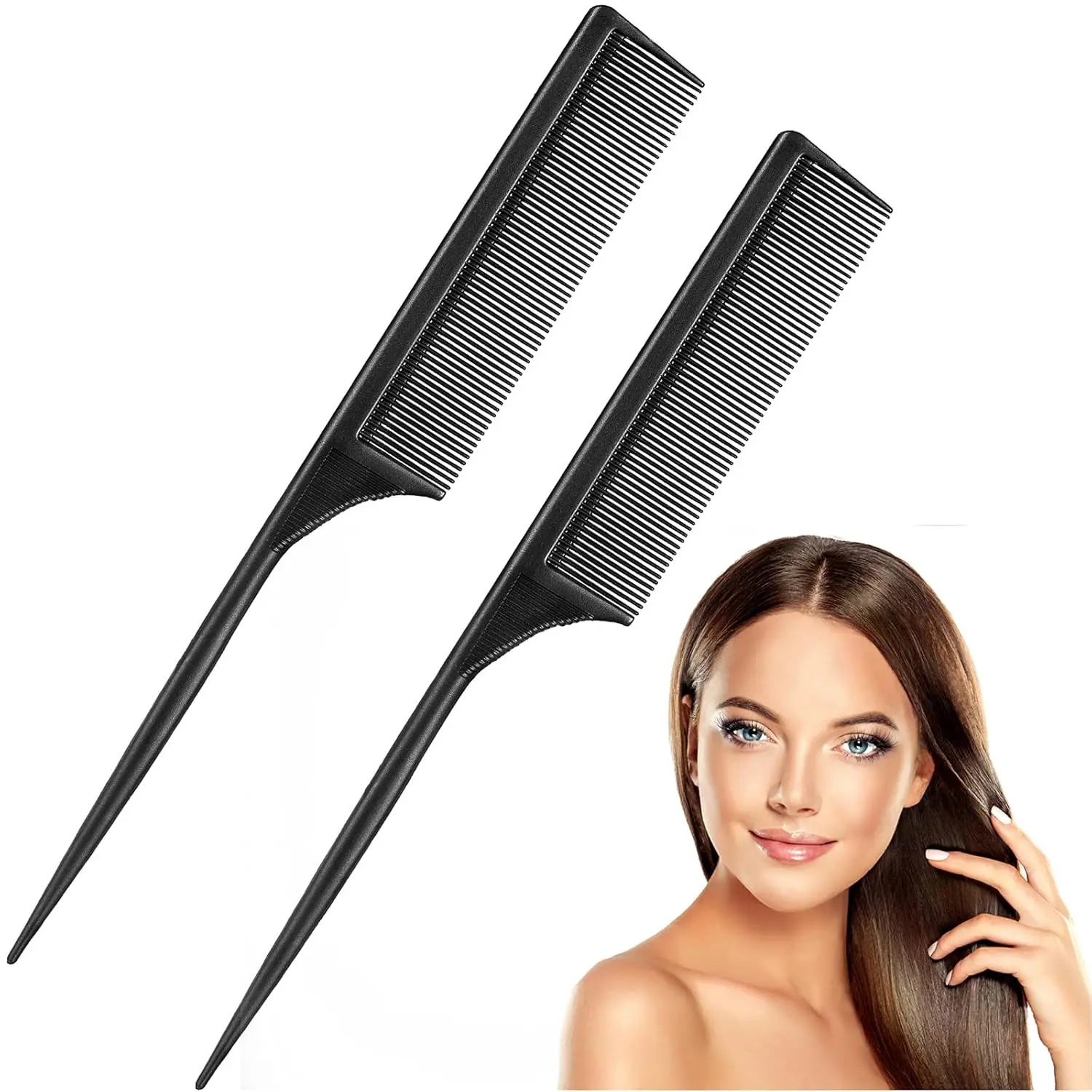 Women's 2-Pack Rat Tail Combs - Fine Tooth, Carbon Fiber, Anti-Static, Heat Resistant, Heatproof, Fast Parting Tip, Root Teasing, Volume Adding for Salon Use, Evening Hair Styling