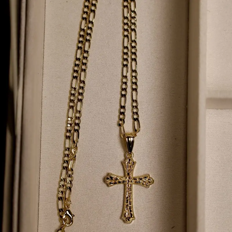 Unisex Diamond Cut Nugget Cross Pendant Chain Necklet, Fashion Costume Jewelry Accessory