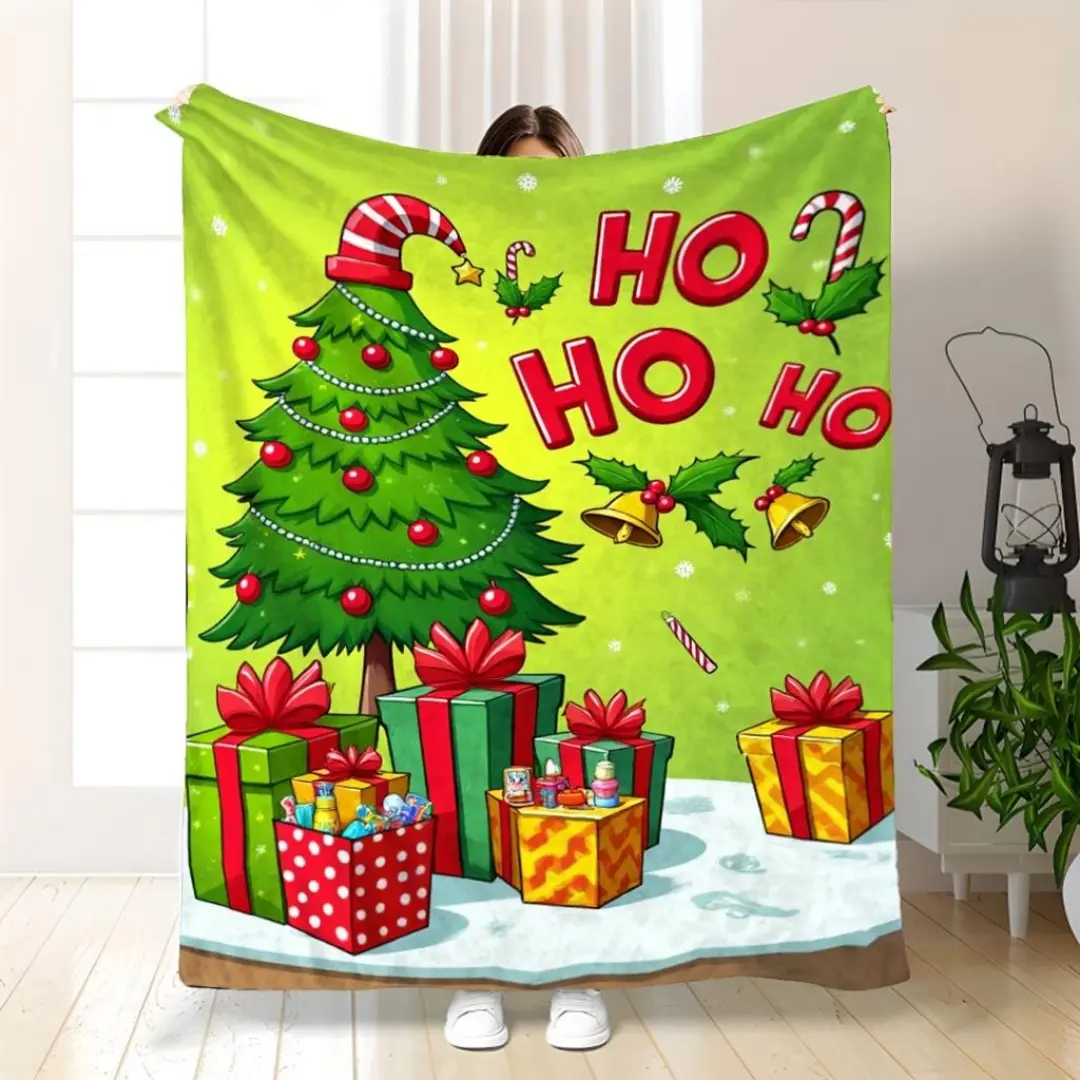 Cozy Flannel Fleece Throw Blanket - Christmas Tree, Snowflakes, Santa Gifts Design, Festive Look, Warmth Boost for Holidays, Ideal Bed Cover or Decorative Piece, Flannel Fabric