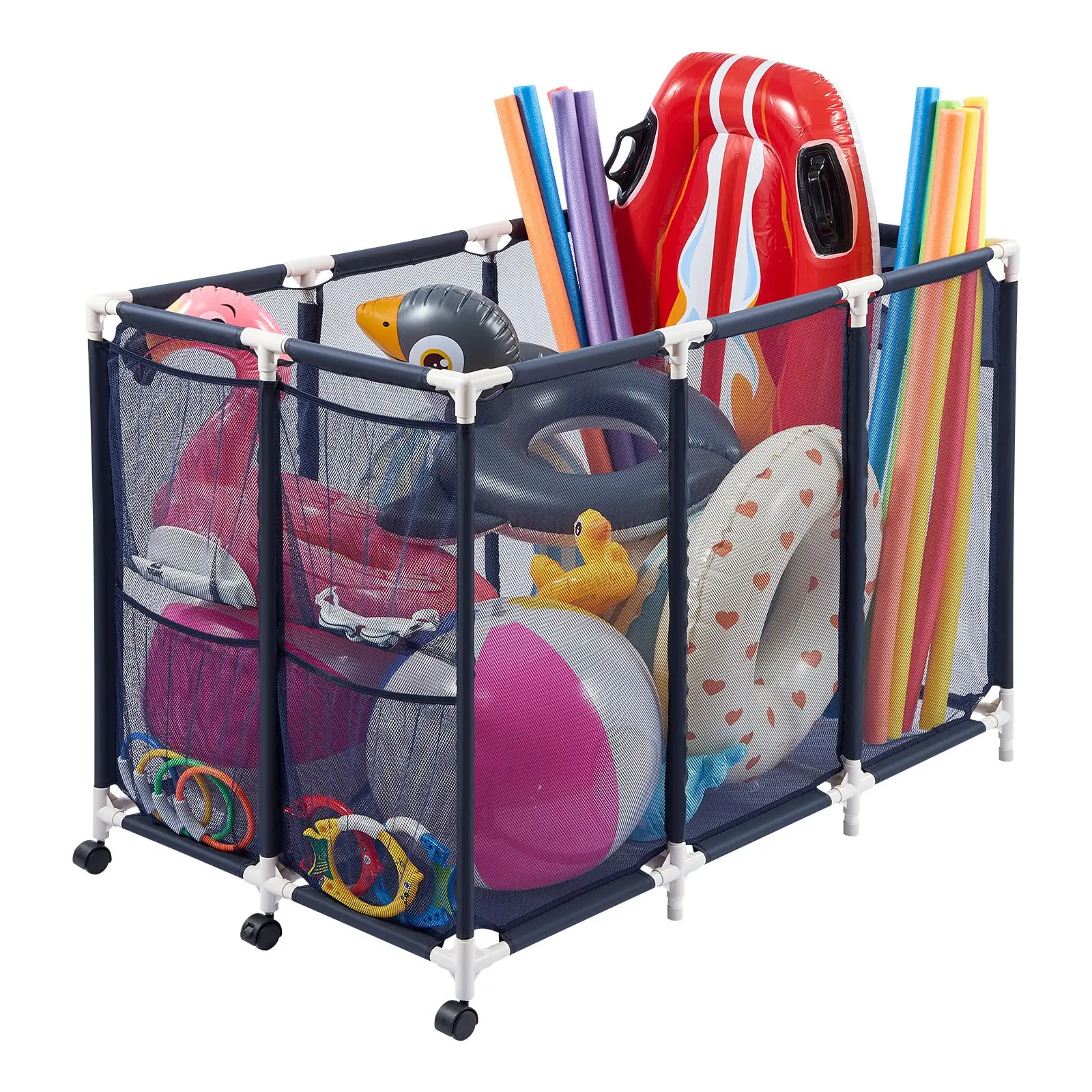 【DealsForYouDays】VEVOR Pool Storage Bin, 47.2 x 30.2 x 34 in, Rolling Pool Float Storage Organizer with Side Pockets & Casters, Heavy Duty Plastic Frame, Poolside Toys Noodles Holder Mesh Basket for Swimming Pools