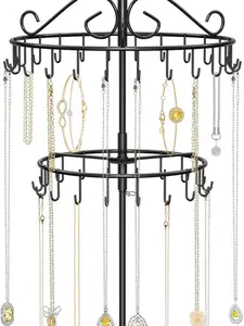 2 Tier Rotating Necklace Organizer with Jewelry Tray, Adjustable Metal Necklace Holder with 42 Hooks, Extra Tall Bracelet Keychain Spinning Display Stand Tree Tower for Women, Black