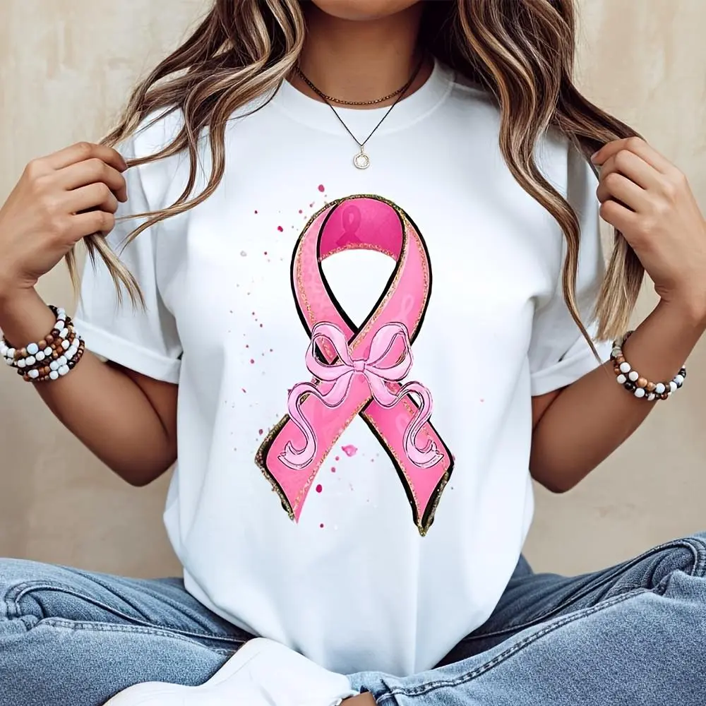 Pink Ribbon Bow Watercolor Print T-Shirt, Breast Cancer Awareness Support, Charity Walk Fundraiser Casual Wear