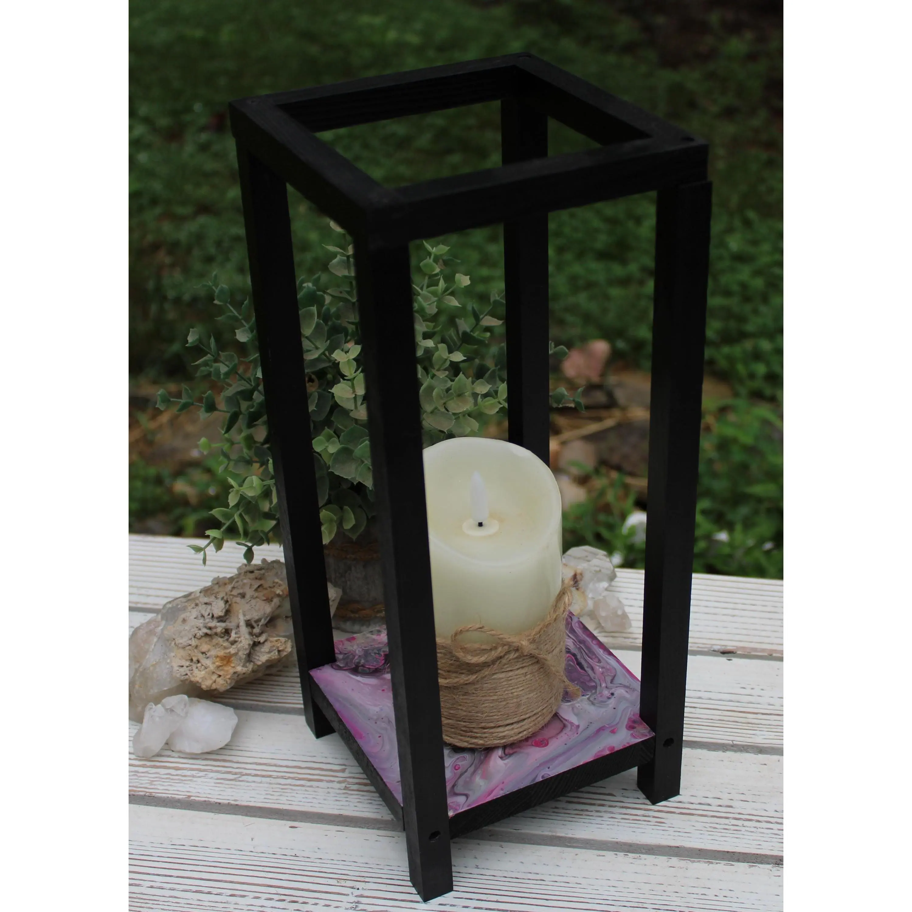 Candle Holder Hand Painted , Lantern Wood with Acrylic Paint 13" x 5" x 5"