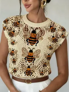 Elegant Women's Cartoon Bee Animal Print Round Neck Sweater, Casual Sleeveless Knitwear for Spring Summer Fall Winter