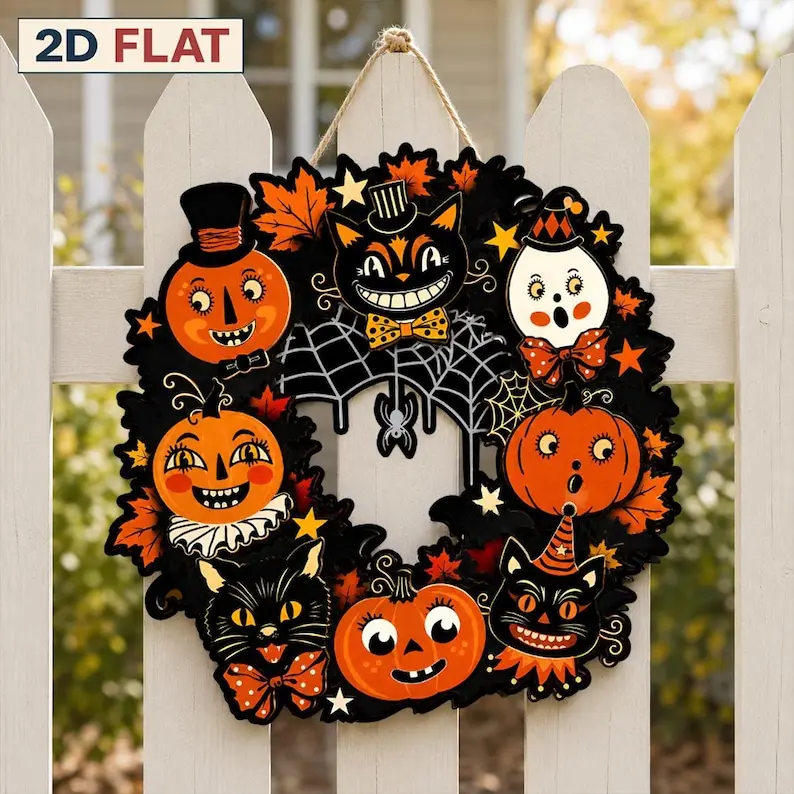 oHalloween Wooden Wreath, Vintage Pumpkin Ghost Cat Door Hanger, Retro Fall Porch Decor, Handmade Front Door Decoration, Fall Decor 2026, Fall Front Door Decor, Vitage Halloween Decor 2026