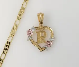 Plated Tri-Color Heart Letter "R" 5mm Figaro Chain Necklace