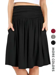 New Spring Summer Women's Solid Color A-Line Skirt, Elastic Waist, Knee Length, Elegant Fashion, Side Pockets, Versatile Commuter Wear, Fit