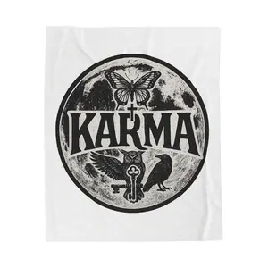 Karma Velveteen Plush Blanket with owl, butterfly, cross, crow full moon, and key image