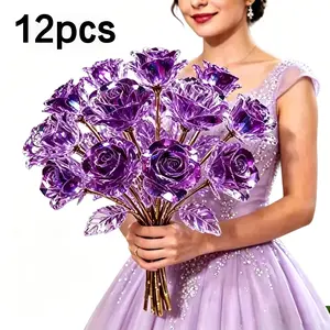 12-Piece Gold Foil Artificial Rose with Realistic Texture, Elegant Home Decor Ornaments for Table, Romantic Bedroom Flowers, Ideal Mother's Day Gift for Weddings Shiny Glitter Handcrafted 24K Dipped glass  Bouquet