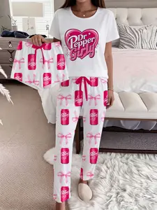 Women's Dr Pepper Print Sleepwear Set, Pajama Set, Pjs, Short Sleeve & Long Shorts Home Wear, Homewear, Comfortable Casual Loungewear for Women, Womenswear