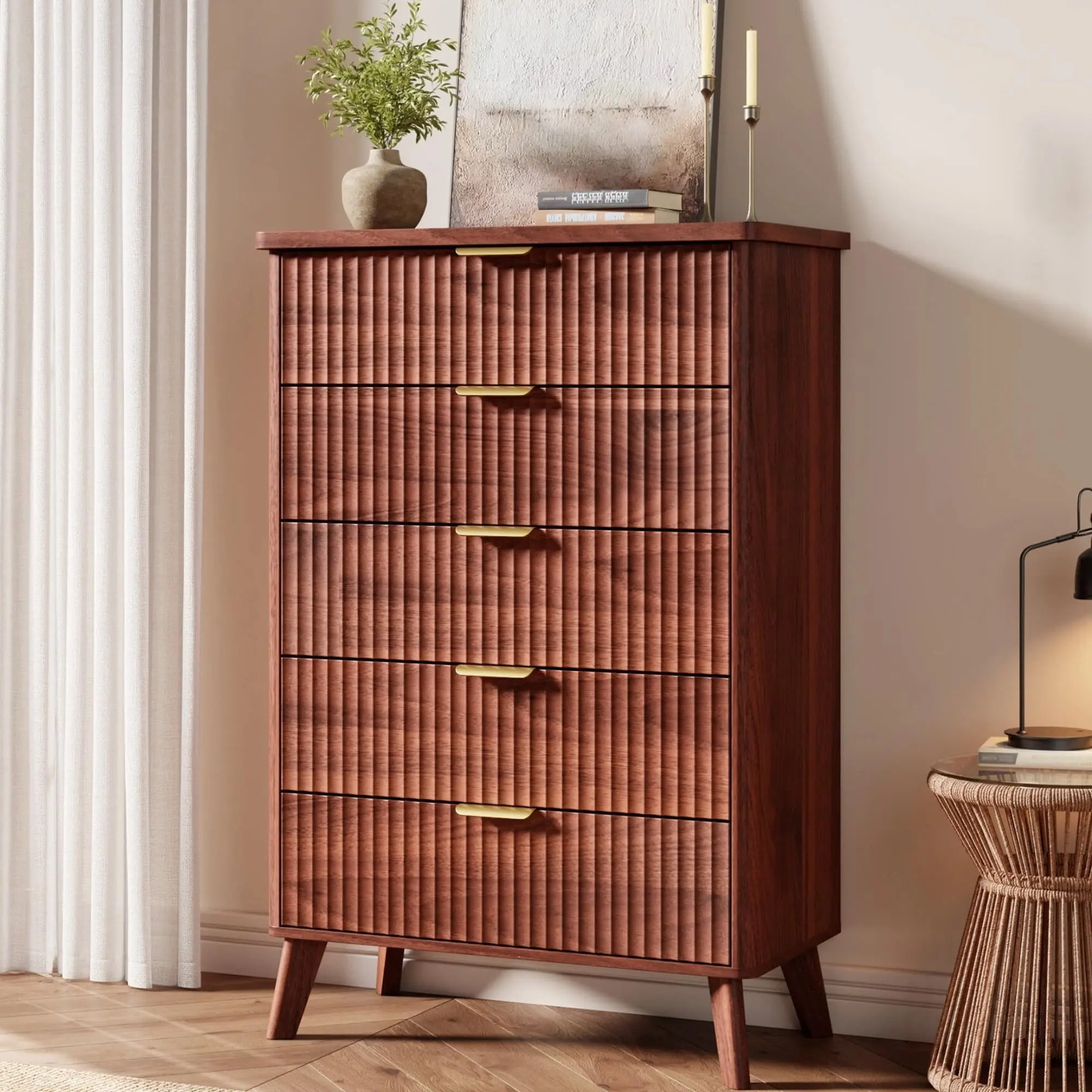 5 Drawers Dresser for Bedroom, 47.2" Tall Dressers with Curved Profile Design, Fluted Wood Drawers, With Thickened Design for Living Room, Walnut