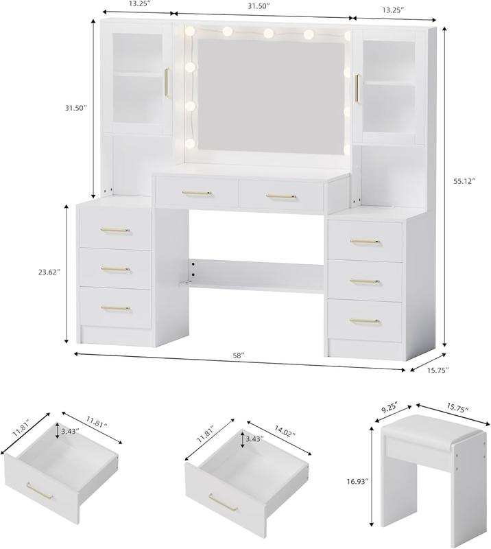 58.3”Vanity Desk with Mirror and Lights & Charging Station,Bedroom Dressing Table,Large Vanity Set,8 Drawers and 2 Cabinets,Makeup Vanity Table with Charging Station, Without Stool